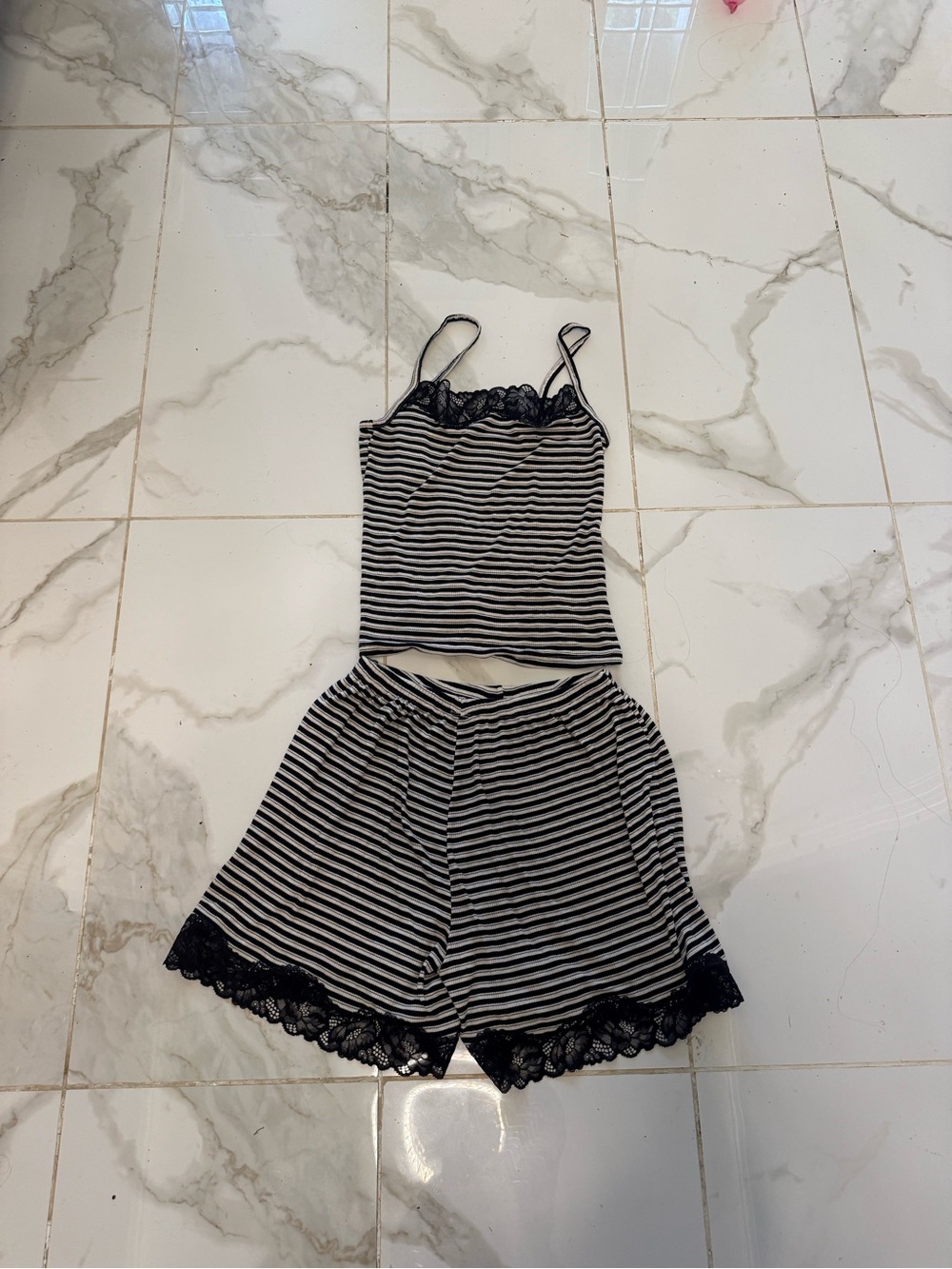 aerie Overslept Black and White Striped Lace-Trim Cami & Shorts Pajama Set - Picture 3 of 7